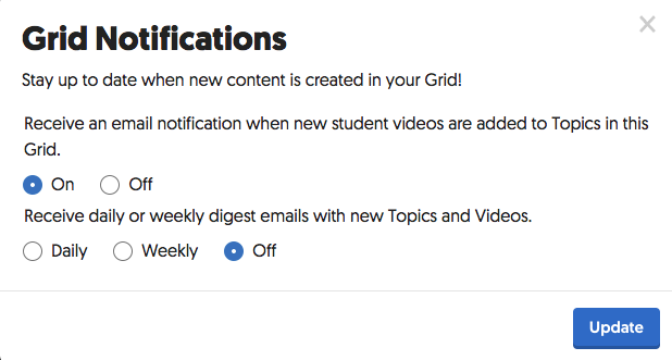 This is an image of the Grid Notifications options. Options include selecting on/off for email notifications when new videos are added to a Topic in the Grid and daily/weekly/off for daily or weekly digest emails of new Topics and videos. 